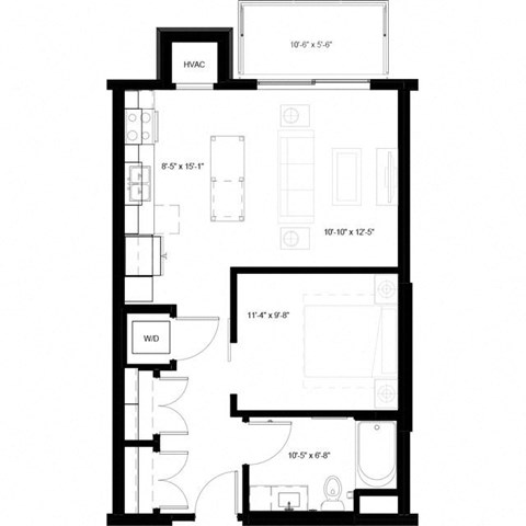 Floor plan for studio, 1 bath, 637 sqft